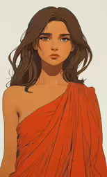 a girl wearing an orange dress with one shoulder and dark hair