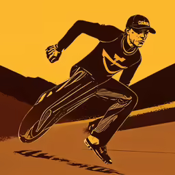a drawing of a running man is shown in an orange and black background