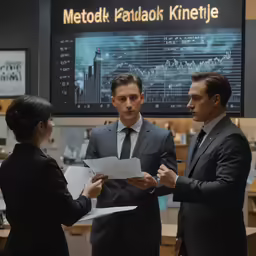 two men and a woman standing in front of a large screen