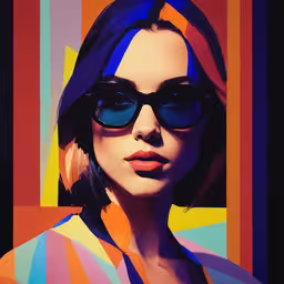 a woman with sunglasses on standing against an artistic painting,a woman wearing sunglasses and a colorful background