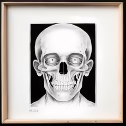 a framed art work featuring a skeleton and its lower half