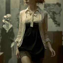 a woman with a white shirt and black skirt is standing in front of a photo