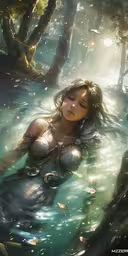 woman is surrounded by water in the woods,a person is swimming in some water