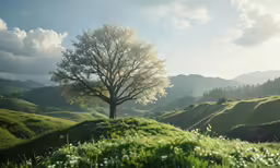 the tree in the meadow is standing still