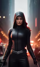a woman dressed in black standing on the side of a road