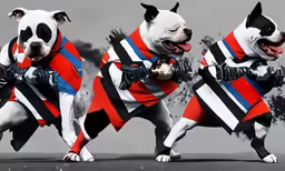 three pictures of different dogs in fancy clothing