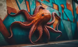 an octopus statue on the side of a colorful wall