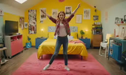 a woman is in her room standing with arms outstretched