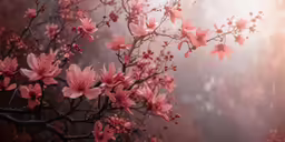 pink flowers are blooming on an old tree