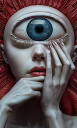 a close up of a person with a large eye and red feathers on her head
