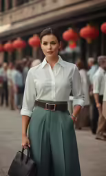 a woman in a white shirt with a bag and green pants is posing for a photo