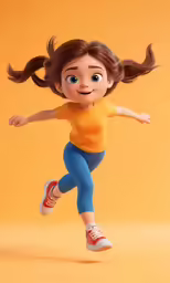 an animated doll is running with hair in the air