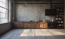 a room with a shelf, cabinets and television