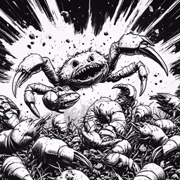 a black and white illustration of crabs on a pile of dead seaweed