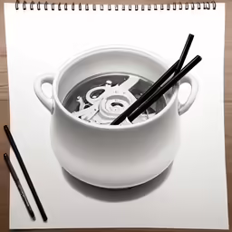 a notebook with black pen laying next to a white drawing of a saucer with scissors in it