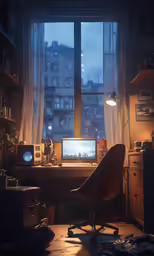 an office in a very dark room with windows