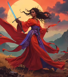 a woman in red with long brown hair holds a sword and stands in the desert,a woman in an orange dress holding a sword