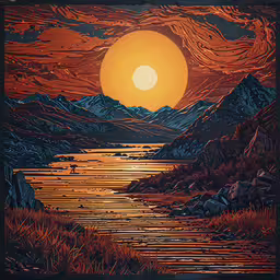 the landscape of an orange and yellow sunset,a painting of a beautiful lake at sunset