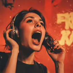 a woman with headphones is screaming and holding up her hands
