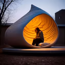 the young woman sits alone in the shadow of a sculpture