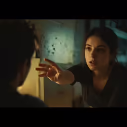 a woman is standing by the man in the dark