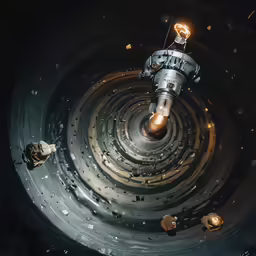looking down at the light bulb inside the tunnel