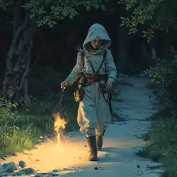 the woman is holding the fire while walking