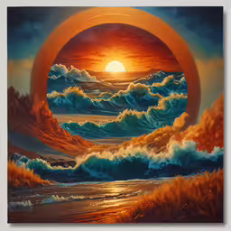 a painting with an abstract wave design painted underneath it,a painting with waves and the sun in the distance