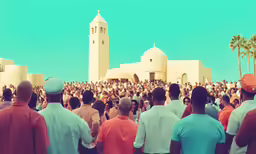 many people gathered around outside a building in front of a blue sky
