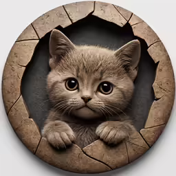 a kitten that is looking out from a brick wall