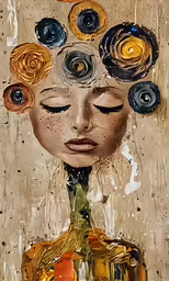 an art piece with an abstract face surrounded by flowers