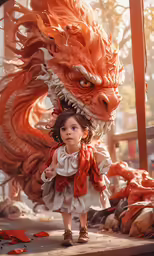 the young girl is posing next to a dragon