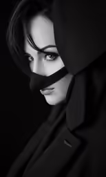 a woman in black clothing and hood with a blind over her head