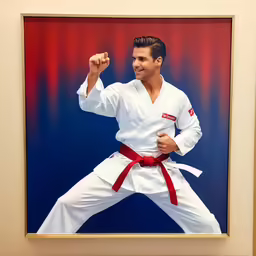 a man standing in a frame while wearing karate clothes