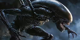 a stylized, stylized alien creature with horns and claws