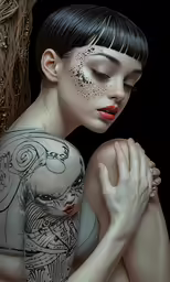 a woman with her hand on her shoulder and body, with black paint painted on