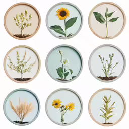 pressed photographs with dried plants displayed on plates