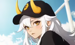 an anime with long white hair wearing horns