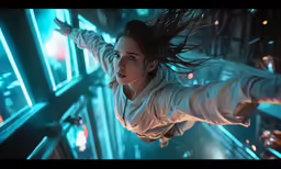 a young woman flies through the air with her arms outstretched