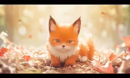 an orange fox sitting on top of a pile of leaves