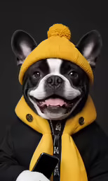 a dog dressed up in a yellow coat with a cell phone