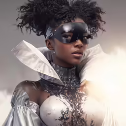 an artistic portrait of a black woman with a mask and large breasts