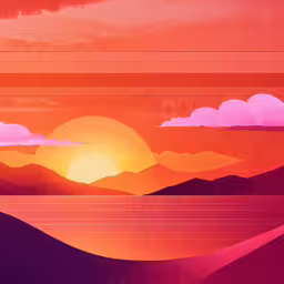 a colorful sunset and a hill range in the background,a painting of a sunset over water with mountains