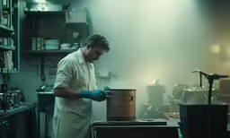 a man in white coat cooking food on a stove