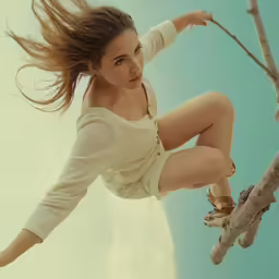 a woman holding onto the branch of a tree