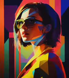 a person wearing glasses in front of a multi - colored background,a woman in sunglasses wearing an abstractly - designed jacket and tie