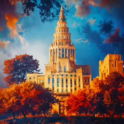 a large cathedral that is sitting above trees