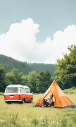 two people are camping in the field beside a van
