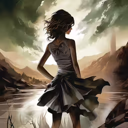 the girl in the dress is standing near a body of water,there is a woman standing by a body of water