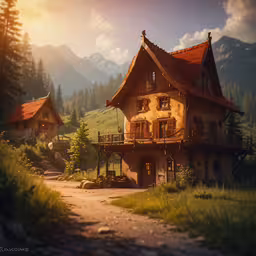 the house is on the hill in the middle of the mountains,a large house surrounded by lush green trees
